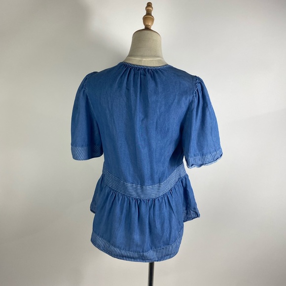 KATE SPADE Indigo Railroad Chambray Short Sleeve Peasant Top womens XS - Picture 4 of 6